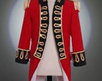 May include: A red military-style jacket with gold trim and epaulets. The jacket features black lapels and cuffs with gold detailing, and a row of gold buttons down the front. The jacket has a white lining and a long tail.