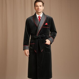 Men Long Black Smoking Jacket Robe Quilted Belted Evening Gown Dinner Long Coat