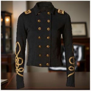 May include: Black double-breasted jacket with gold-colored buttons and decorative gold rope detailing on the sleeves. The jacket features epaulettes on the shoulders and a classic collar. A stylish, tailored garment.