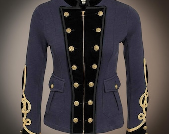 Grijze wollen officiersjas dames: goudgevlochten militaire jas