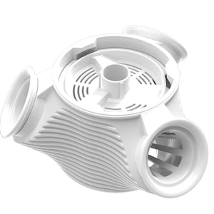 May include: A white, three-pronged plastic device with a central circular component and three outward-facing openings. The design features a series of curved, wave-like ridges on the sides and slotted vents.