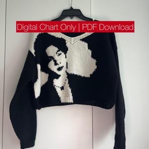 Könnte beinhalten: Schwarz-weißer Strickpullover mit Porträtmuster. Der Pullover hat einen V-Ausschnitt und lange Ärmel. Der Text "Digital Chart Only | PDF Download" wird in einem roten Banner oben im Bild angezeigt.