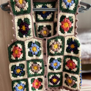 Colete quadrado feito à mão da vovó – Top boho retrô de crochê, mistura de lã