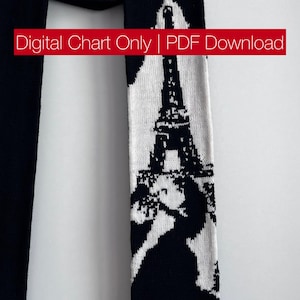 Könnte beinhalten: Schwarz-weißer Strickschal mit Eiffelturm-Design. Der Schal hat einen einfarbigen schwarzen Abschnitt und einen Abschnitt mit weißem Hintergrund und einer schwarzen Eiffelturm-Grafik. Der Text "Digital Chart Only | PDF Download" befindet sich in einem roten Rechteck.
