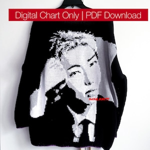 May include: A black and white knit sweater featuring a portrait of a person with short hair and a collared shirt. The text "Digital Chart Only | PDF Download" is overlaid in red, and the text "ANARKNITS" appears in red on the sweater.