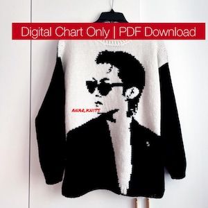 Puede incluir: Un suéter de punto en blanco y negro con un retrato gráfico de una persona con gafas de sol. El texto "Digital Chart Only | PDF Download" está superpuesto en rojo, y el texto rojo "ANAR KNITS" está impreso en la parte delantera.