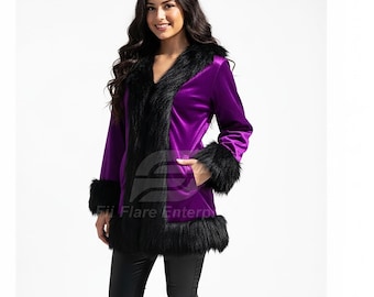 Women’s Purple Velvet Jacket with Black Faux Fur | Vintage Glam Coat | Winter Luxury Outerwear