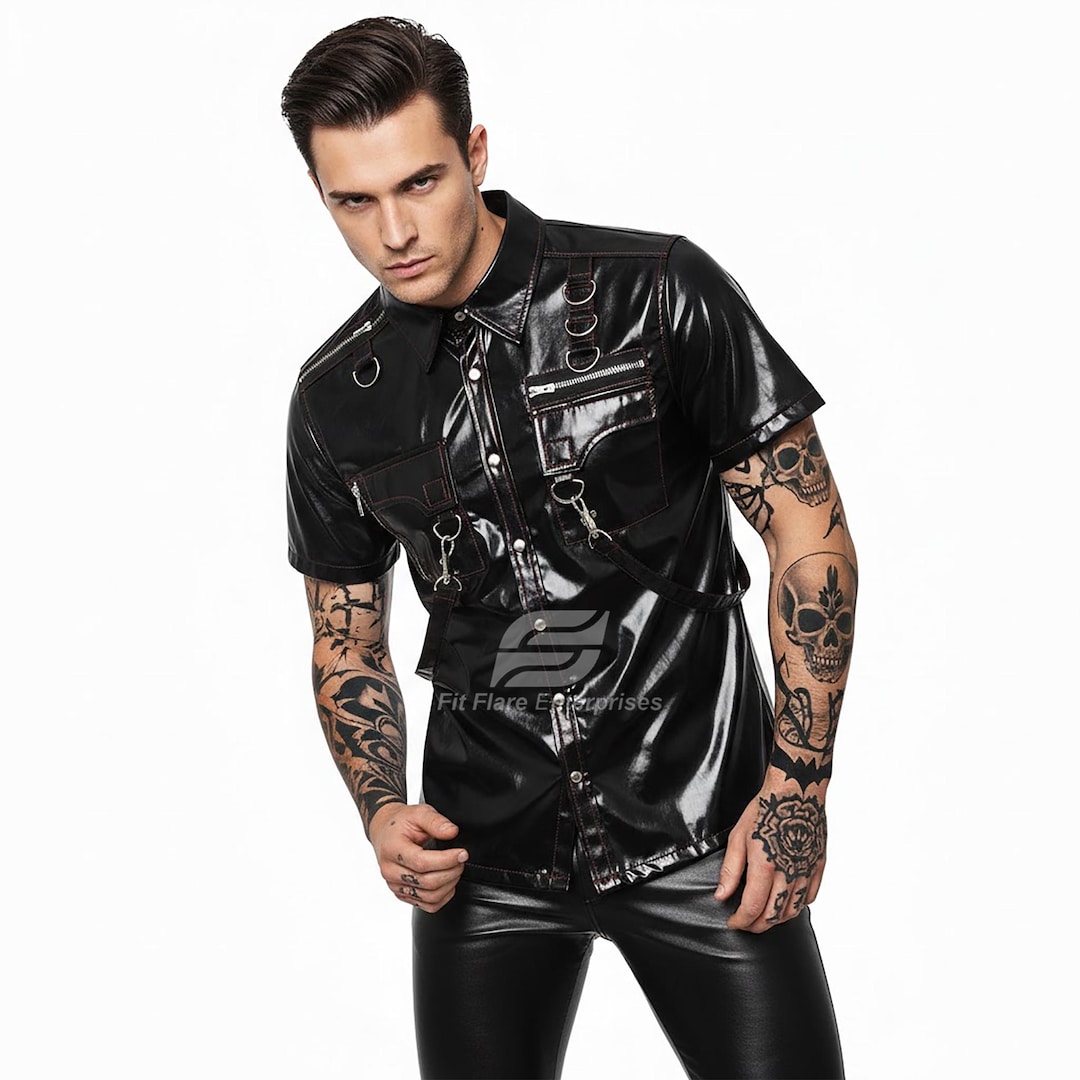 Men's Black PVC Gothic Shirt – Shiny Punk Faux Leather Streetwear Top ...