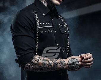 Men's Black Gothic Shirt | Studded Chains & Zipper Detail