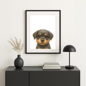 Peek-a-Boo Rottweiler Puppy Portrait – Digital Dog Wall Art, Coloured Pencil Style – Printable Nursery Animal Download