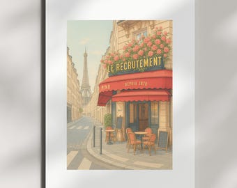 Puede incluir: Ilustración de un café parisino, "Le Recrutement", con un toldo rojo y asientos al aire libre. La Torre Eiffel es visible a lo lejos. El café está decorado con flores rosas y el texto "Depuis 1870."
