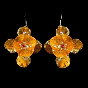 Handmade Orange Hydrangea Drop Earrings, Sparkling Crystal Floral Statement Jewelry
