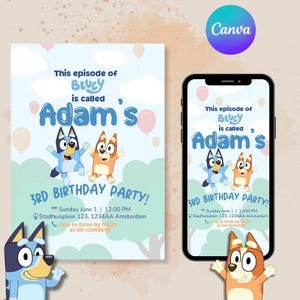 Convite de aniversário Bluey, modelo editável do Canva, convite para festa Bluey para menino ou menina, convite digital para impressão, aniversário infantil