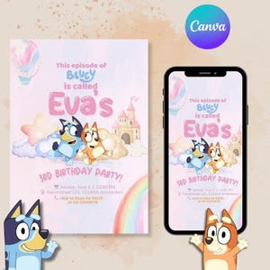 Convite de aniversário Bluey para meninas, modelo editável do Canva, convite para festa Bluey para impressão, convite de aniversário para download instantâneo