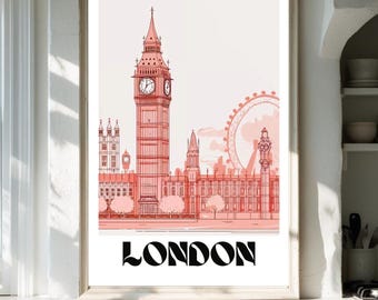 London Travel Poster Red Black, Retro London Print, Mid Century Travel Print, London Wall Art, Trendy London Prints, Retro Travel Print |