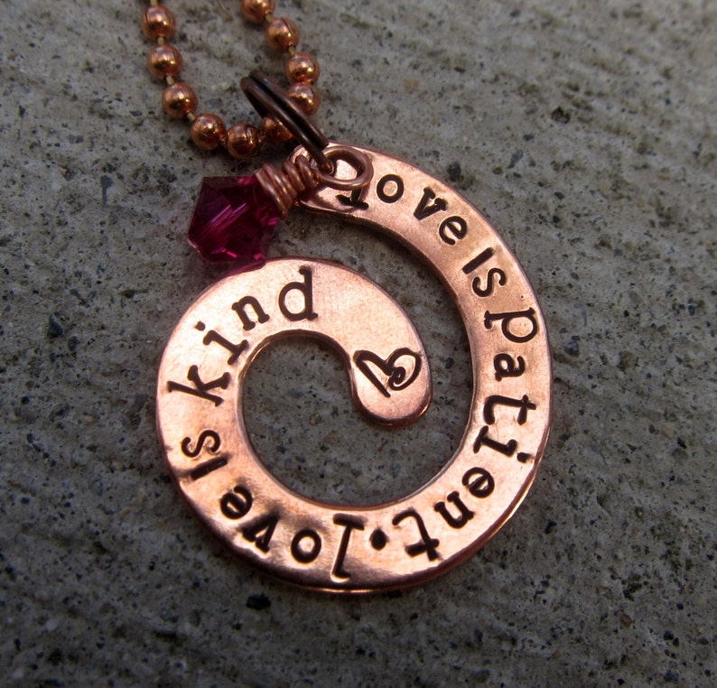 Love is Patient hand stamped spiral necklace Made to Etsy