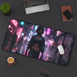 Cyberpunk Desk Mat with Neon Cityscape | Gamer&#39;s Workspace Accessory, Office Decor, Gift for Tech Enthusiasts, Unique Game Room Decor