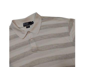 Camisa polo vintage Ralph Lauren masculina tamanho XXL, listrada em cinza e branco, mangas curtas.