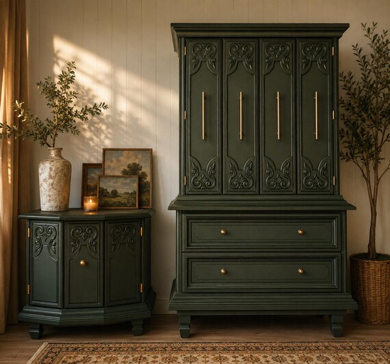 American of Martinsville Dresser & Nightstand | Olive Green MCM Bedroom Set