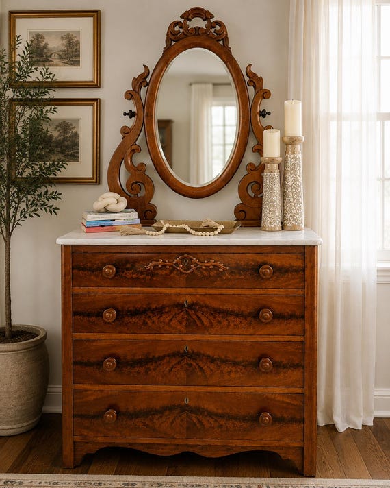 19th Century Eastlake Marble Top Dresser | Flame Mahogany | Antique Dresser With Mirror