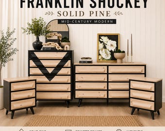 Franklin Shockey Bedroom Set, Mid Century Modern Dresser Set, Solid Pine Bedroom Suite, MCM Tallboy & Nightstands