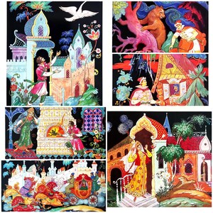 La princesse grenouille | jeu de cartes postales vintage | Artiste K. Bokarev | 16 cartes | Contes folkloriques russes | URSS 1987