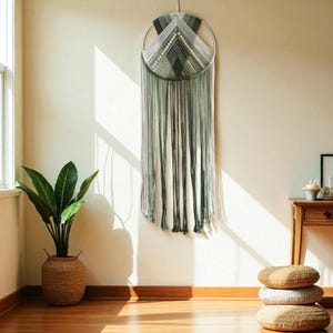 Dark Green Boho Macrame Wall Hanging – Handmade Cotton Tapestry with Tassels for Bedroom, Living Room or Entryway