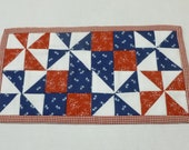 Patriotic Mini Quilt, Pinwheel Table Mat, Quilted Mug Rug Mug Mat, Red White Blue Quilted Table Topper, Toilet Tank Topper, Americana Décor