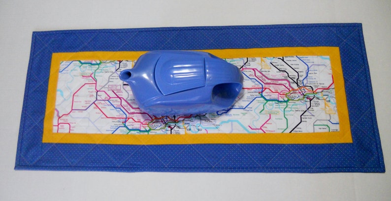 Sale Quilted Table Runner London Underground Map Reversible Blue and Yellow image 2