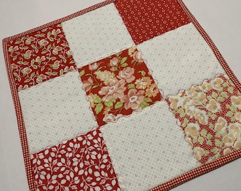 Floral Quilted Table Topper, Reversible Patchwork Table Runner, Christmas Theme (14" x 14")