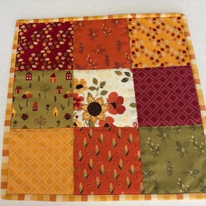 Fall Quilted Table Topper: Reversible, Sunflowers, Leaves, Carrots, Quilted Candle Mat, 14" Square