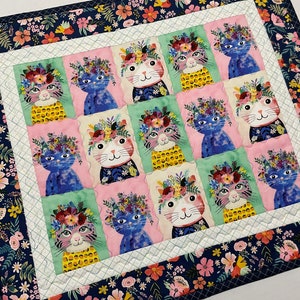 Floral Quilted Table Runner, Cat Quilted Table Topper, Kitty Quilted Table Runner, Quilted Dresser Scarf, Cat Lover Gift, Kitty Quilt, Cats