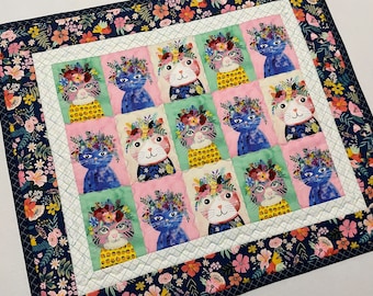 Floral Quilted Table Runner, Cat Quilted Table Topper, Kitty Quilted Table Runner, Quilted Dresser Scarf, Cat Lover Gift, Kitty Quilt, Cats