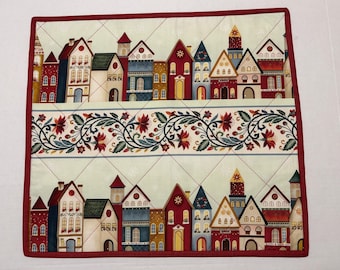 Scandinavian Christmas Townhouse Village Quilted Table Runner: Reversible Valentines Day Decor, 19" x 17"