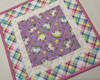 Easter Bunny Quilted Table Topper, Easter Table Runner, Rainbow Plaid Spring Decor, 14 1/2" x 14 1/2"