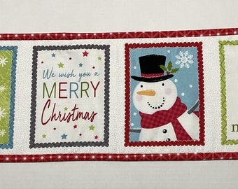 Winter Christmas Quilted Table Runner, Vintage Style Winter Table Runner, Christmas Tree Quilted Table Runner, Snowman Quilted Table Topper