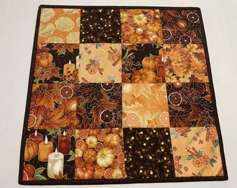 Fall Pumpkin Quilted Table Topper: Metallic Gold Accents, 19" x 19"