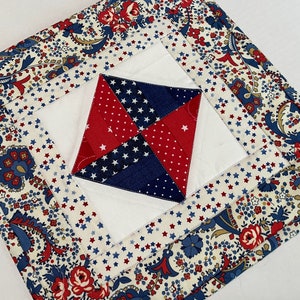 Americana Quilted Table Topper, July 4th Mini Quilt, Patriotic Quilted Table Topper, Quilted Candle Mat, Man Cave Decor, Red White and Blue