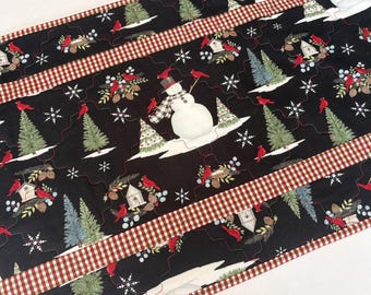 Christmas Quilted Table Runner, Snowmen Cardinals Winter Decor (15 1/2" x 41 1/2")