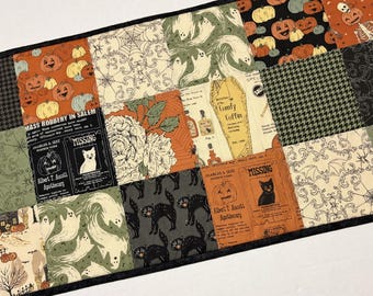 Halloween Quilted Table Runner, Spooky Ghosts, Black Cats, Pumpkins, Reversible (14" x 33")