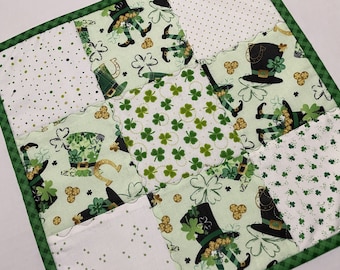 Quilted St. Patrick's Day Table Topper, Shamrocks Quilted Table Runner, Leprechauns, Hats, St Patrick's Day Decor, Christmas Table Topper