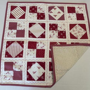 May include: A square patchwork quilt featuring a grid of alternating blocks in deep red and cream. The design includes patterns of polka dots, floral prints, bees, and birds. The quilt is finished with a red and white checkered border.