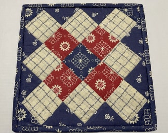 Americana Quilted Table Topper, July 4th Mini Quilt, Patriotic Quilted Table Topper, Quilted Candle Mat, Man Cave Decor, Red White and Blue