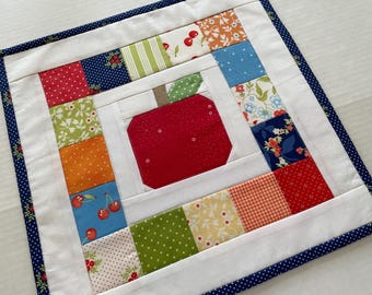 Patchwork Apple Quilted Table Topper: Cottage Chic Mini Quilt, 14" Square