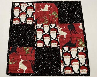 Christmas Quilted Table Topper: Santa, Reindeer, Black & White (14 1/4" Square)