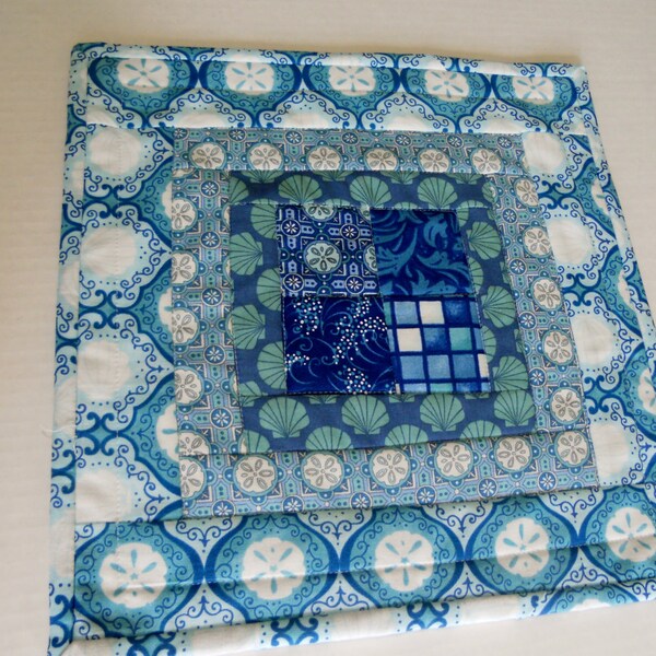 Ocean Blue Seaside Quilted Table Topper Candle Mat Mug Rug Aqua Beach Decor