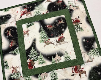 Santa Quilted Table Topper: Reversible Folk Art Christmas Runner, (16.5" x 16.5")