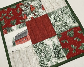 Christmas Quilted Table Topper, Red Barn Runner, Cardinal Birds Quilt, Forest Theme Quilted Table Runner, St. Patrick's Day Table Runner