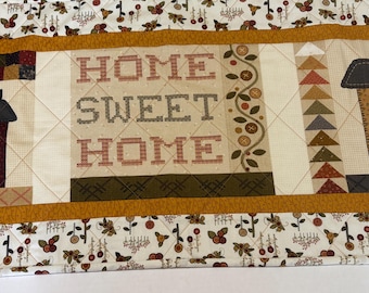 Primitive Quilted Table Runner, Country Farmhouse Patchwork, Home Sweet Home (16" x 44.5")