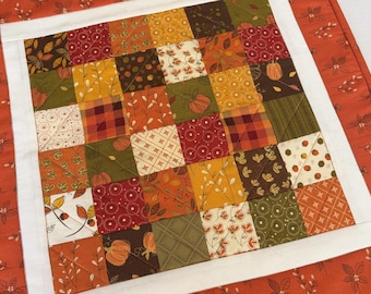 Quilted Table Topper in Fall Autumn Colors, Autumn Table Runner,  Patchwork Quilt, 18.5" Square